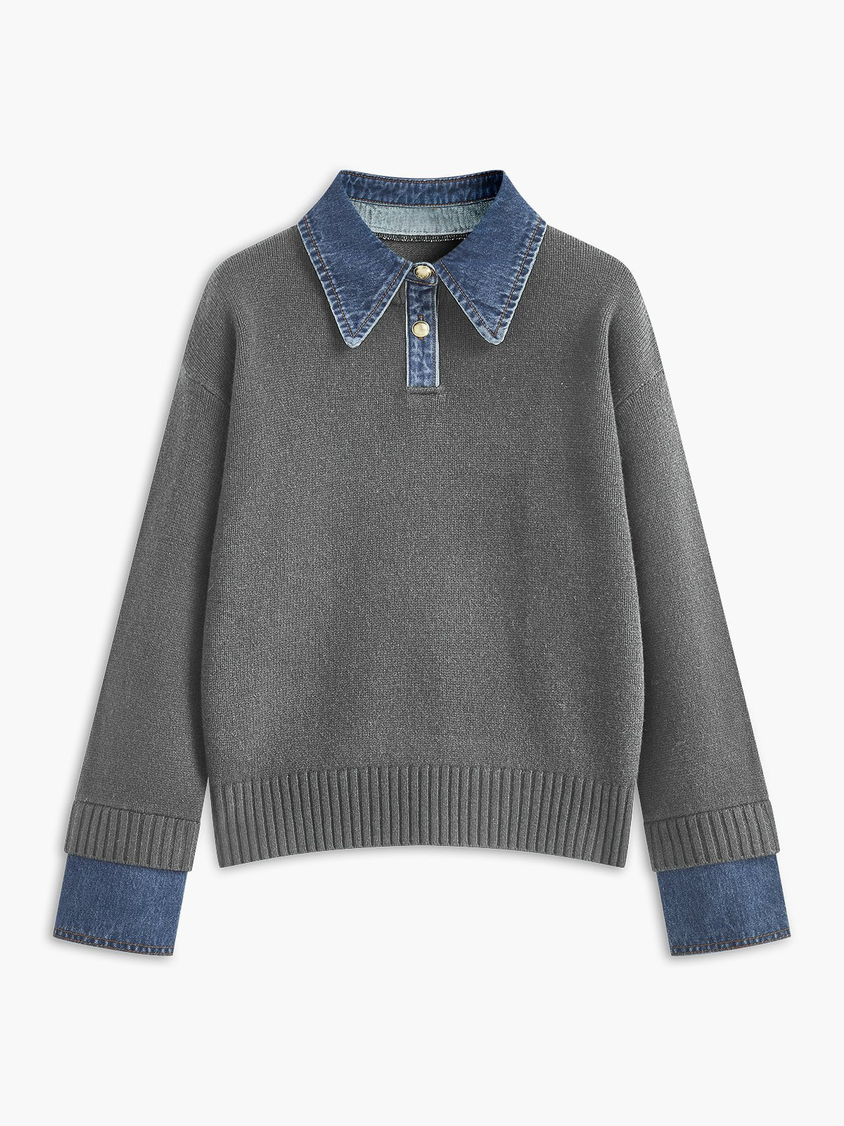 Denim Collar Button Placket Knit Polo Sweater
