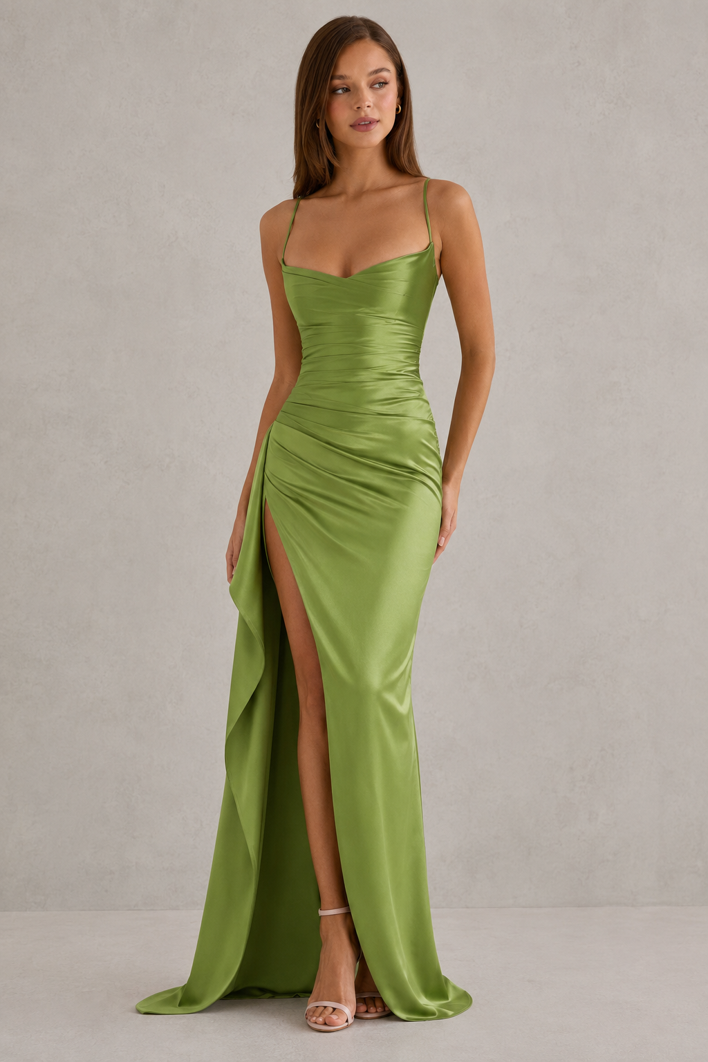 Women's Satin Evening Dress Ruched Maxi Dress with Split