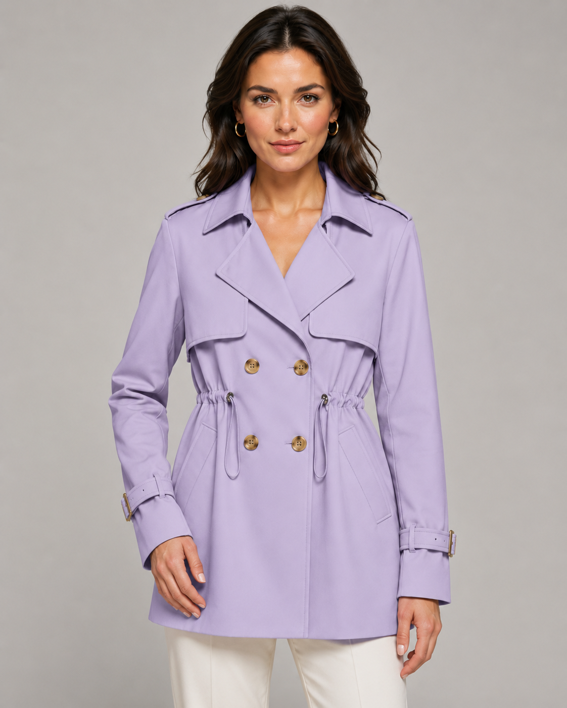 Women's Short Trench Coat Double-Breasted Drawstring Waist
