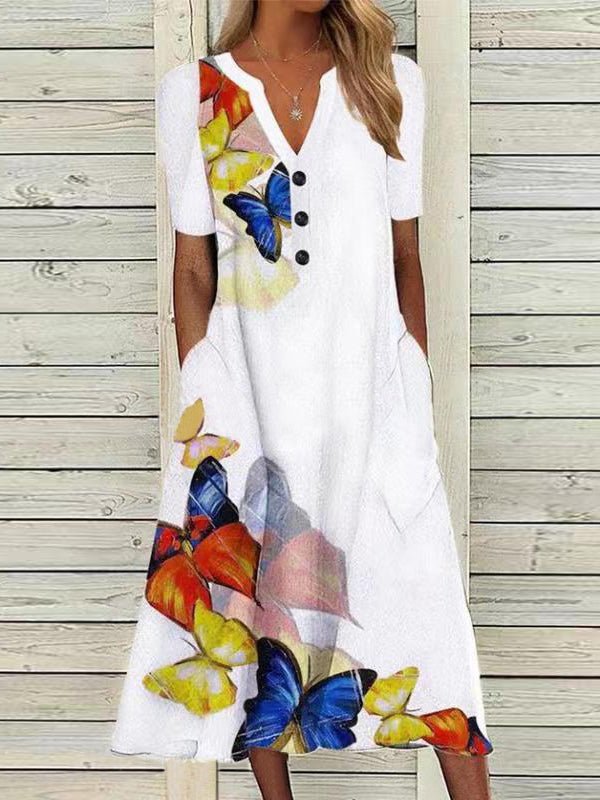Butterfly Print V Neck Button Short Sleeve Pocket Dress