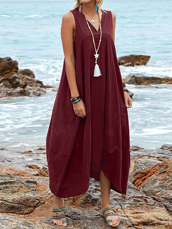 Casual V Neck Sleeveless Pocket Dress