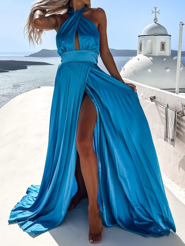 Cross Halterneck Pleated Sleeveless Slit Dress