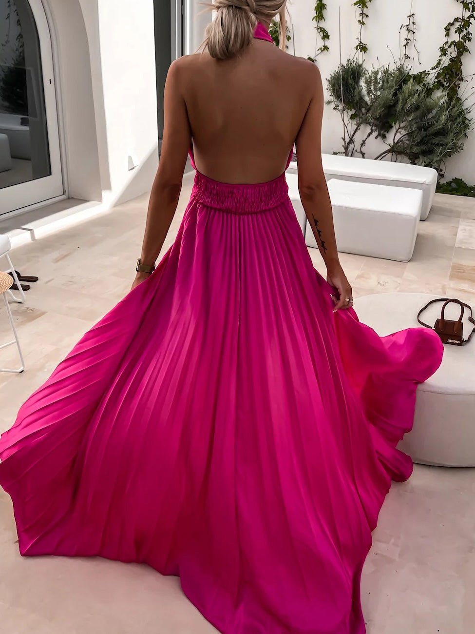 Cross Halterneck Pleated Sleeveless Slit Dress