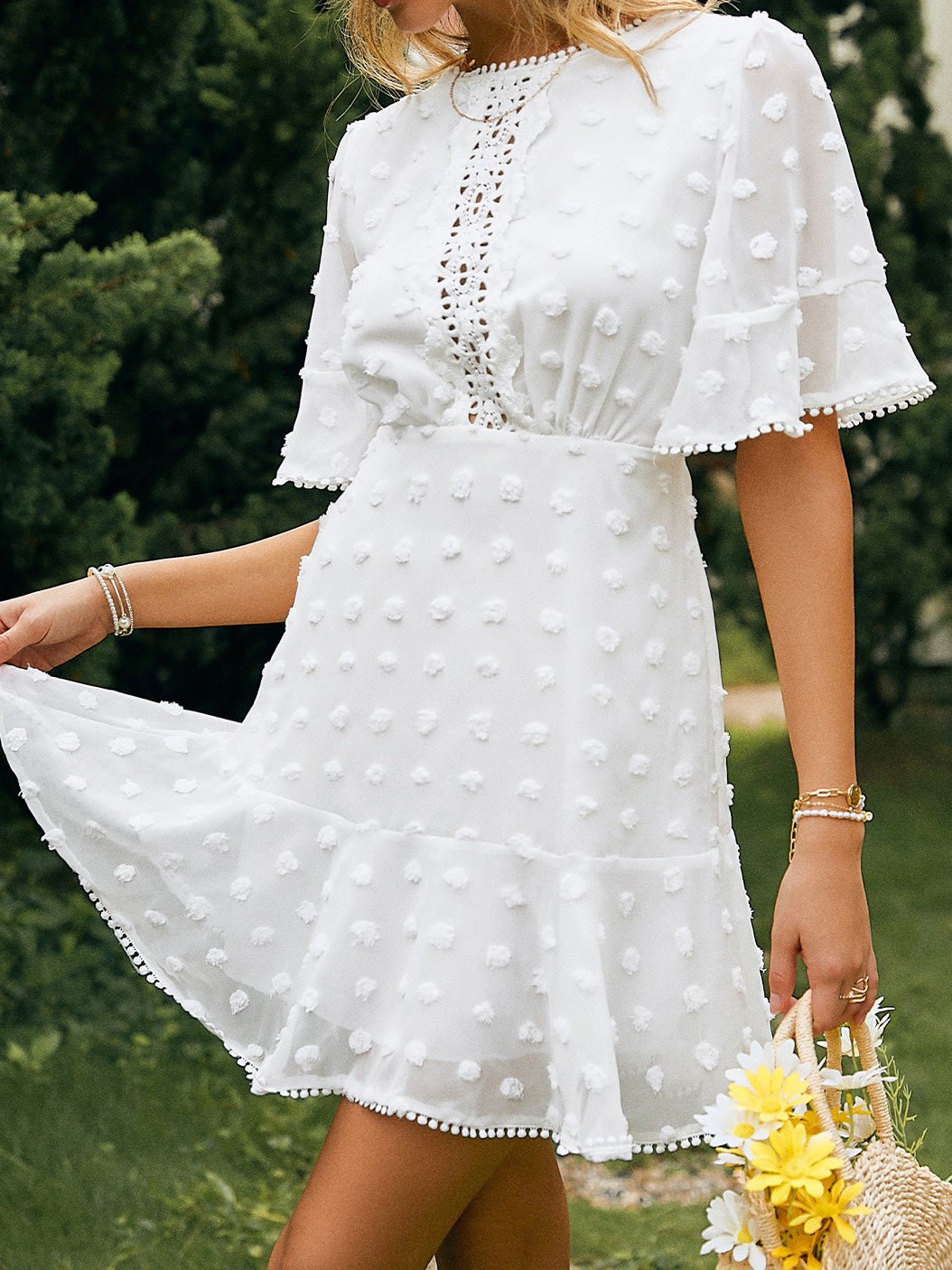 Swiss Dot Crochet Lace Insert Flutter Sleeve Pom Pom Trim Mini Dress