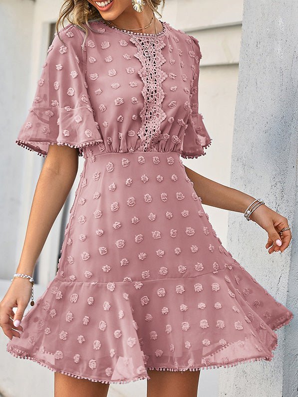 Swiss Dot Crochet Lace Insert Flutter Sleeve Pom Pom Trim Mini Dress