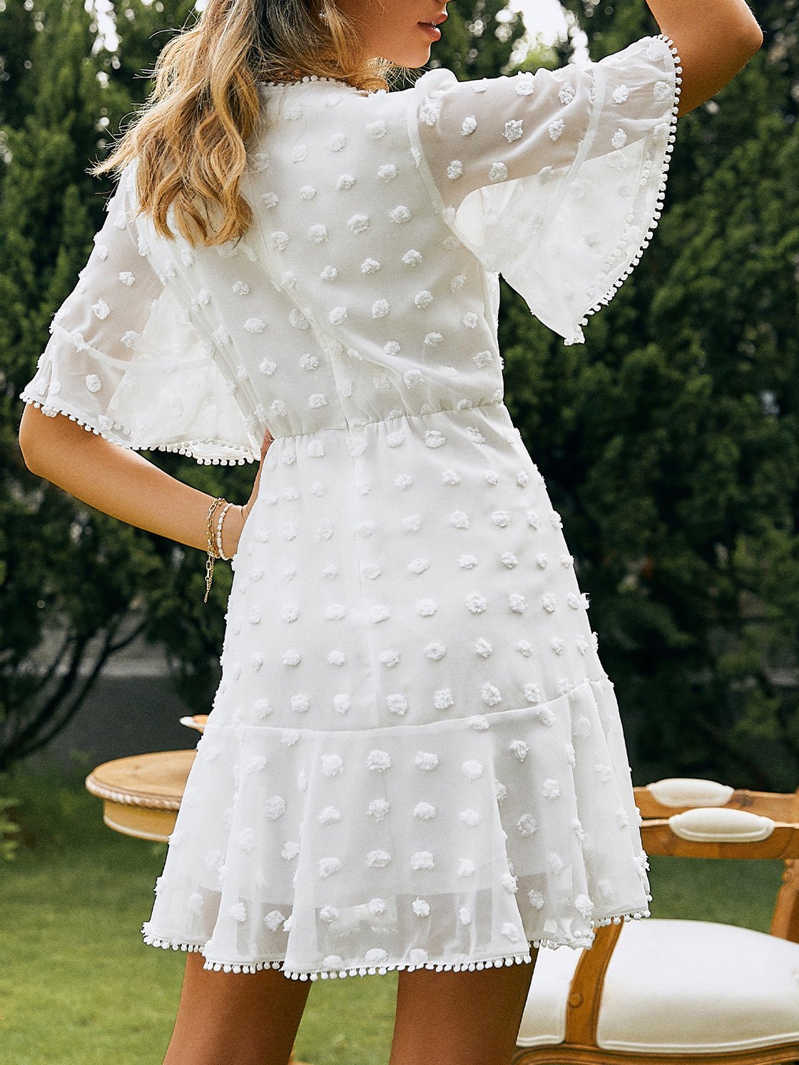 Swiss Dot Crochet Lace Insert Flutter Sleeve Pom Pom Trim Mini Dress