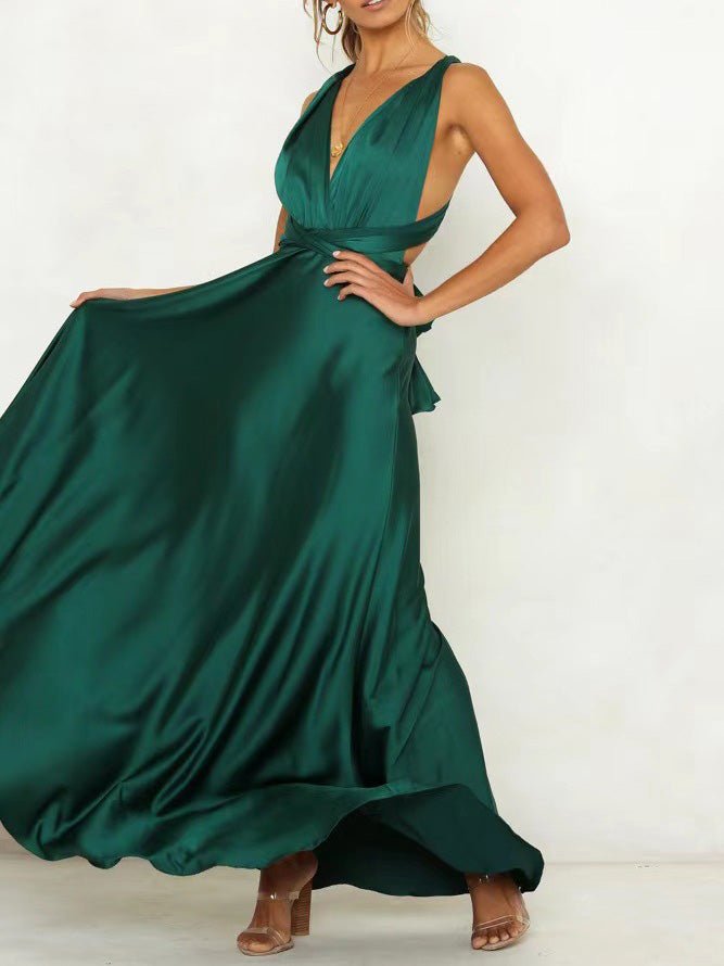 Halter Criss Cross Open Back Bow Detail Satin Maxi Gown