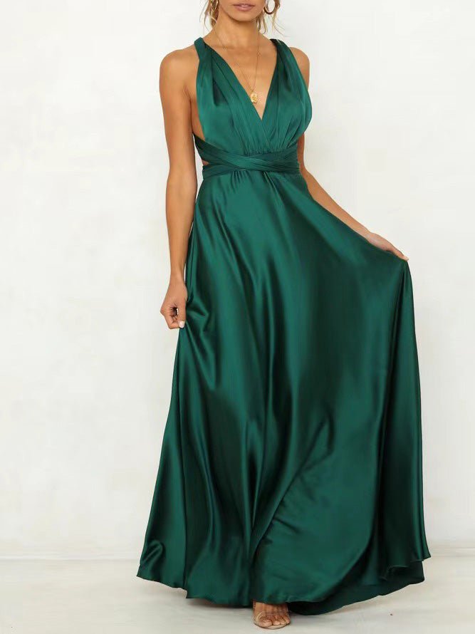 Halter Criss Cross Open Back Bow Detail Satin Maxi Gown