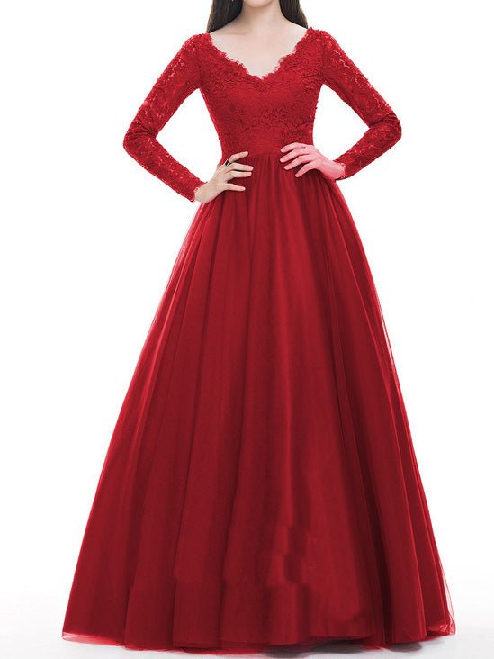 Lace Bodice V-Neck Long Sleeve Tulle A-Line Formal Gown 2