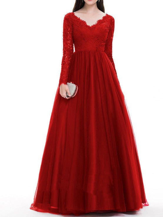 Lace Bodice V-Neck Long Sleeve Tulle A-Line Formal Gown