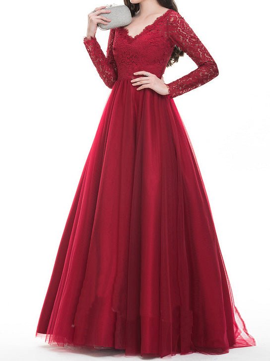 Lace Bodice V-Neck Long Sleeve Tulle A-Line Formal Gown 3