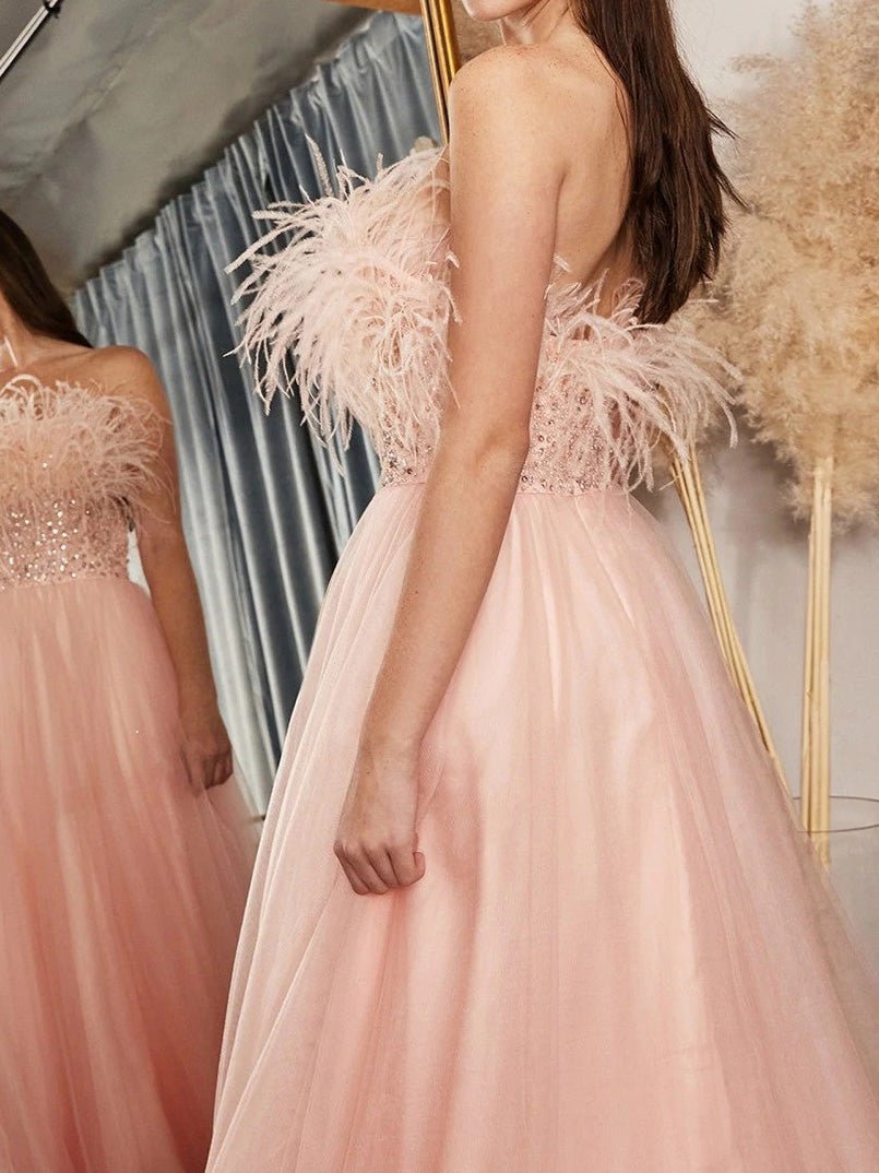 Strapless Feather Bodice Tulle A-Line Formal Maxi Gown 3