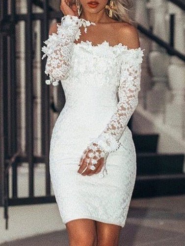 Off Shoulder Long Sleeve Floral Applique Lace Bodycon Mini Dress