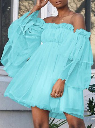 Tulle Mesh Off Shoulder Ruffle Trim Tiered Bell Sleeve Babydoll Mini Dress 2
