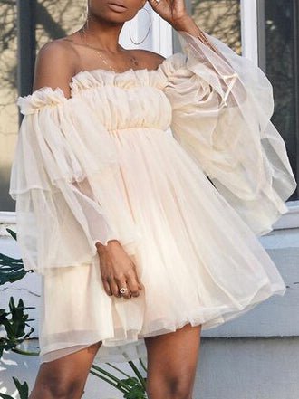 Tulle Mesh Off Shoulder Ruffle Trim Tiered Bell Sleeve Babydoll Mini Dress 5