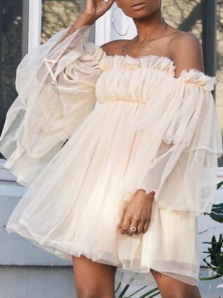 Tulle Mesh Off Shoulder Ruffle Trim Tiered Bell Sleeve Babydoll Mini Dress