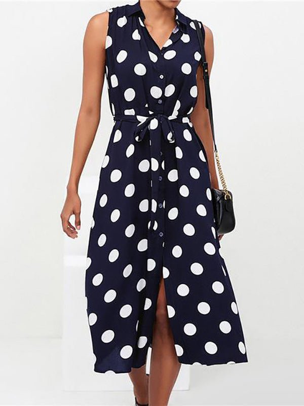 Polka Dot Print Sleeveless Button Front Tie Belt Shirt Midi Dress - View 3