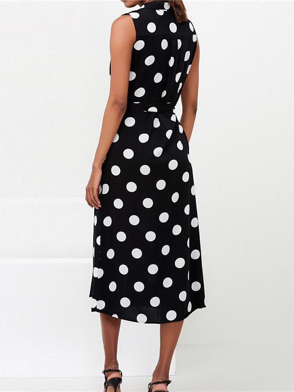 Polka Dot Print Sleeveless Button Front Tie Belt Shirt Midi Dress