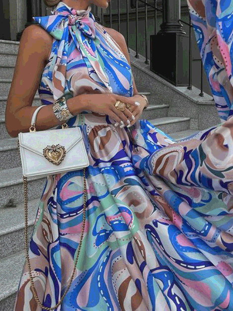Marble Print Halter Bow Neck A-Line Chiffon Maxi Dress