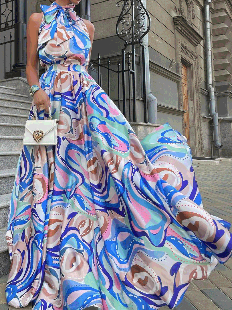 Marble Print Halter Bow Neck A-Line Chiffon Maxi Dress