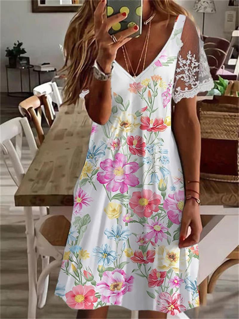 V-Neck Lace Short Sleeve Relaxed Shift Mini Summer Dress - View 2