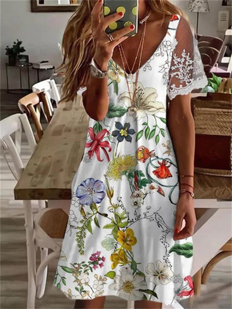 V-Neck Lace Short Sleeve Relaxed Shift Mini Summer Dress - View 3