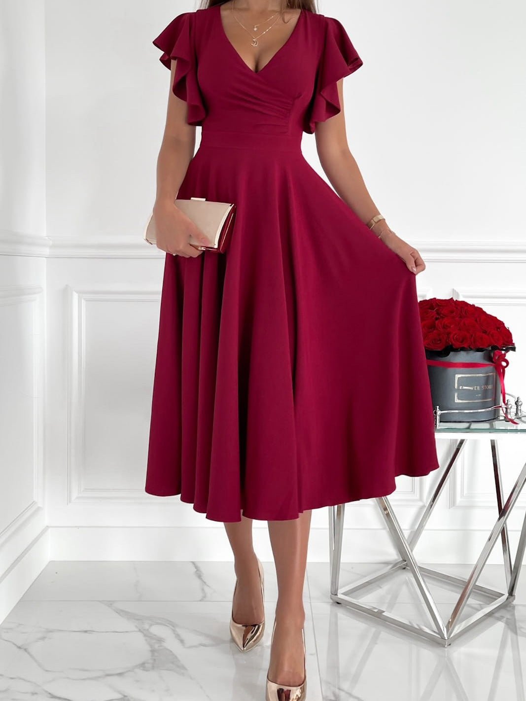 Solid V Neck Ruffle Sleeve Dress