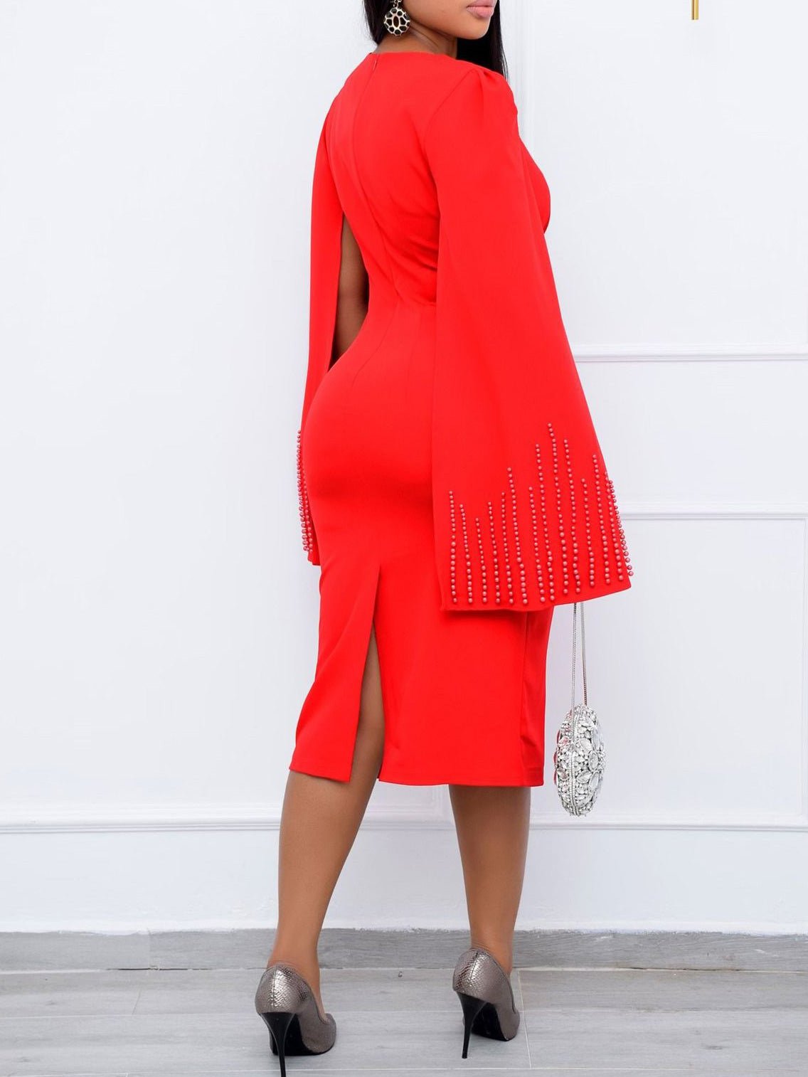 Square Neck Beaded Cape Sleeve Twist Waist Bodycon Midi Dress