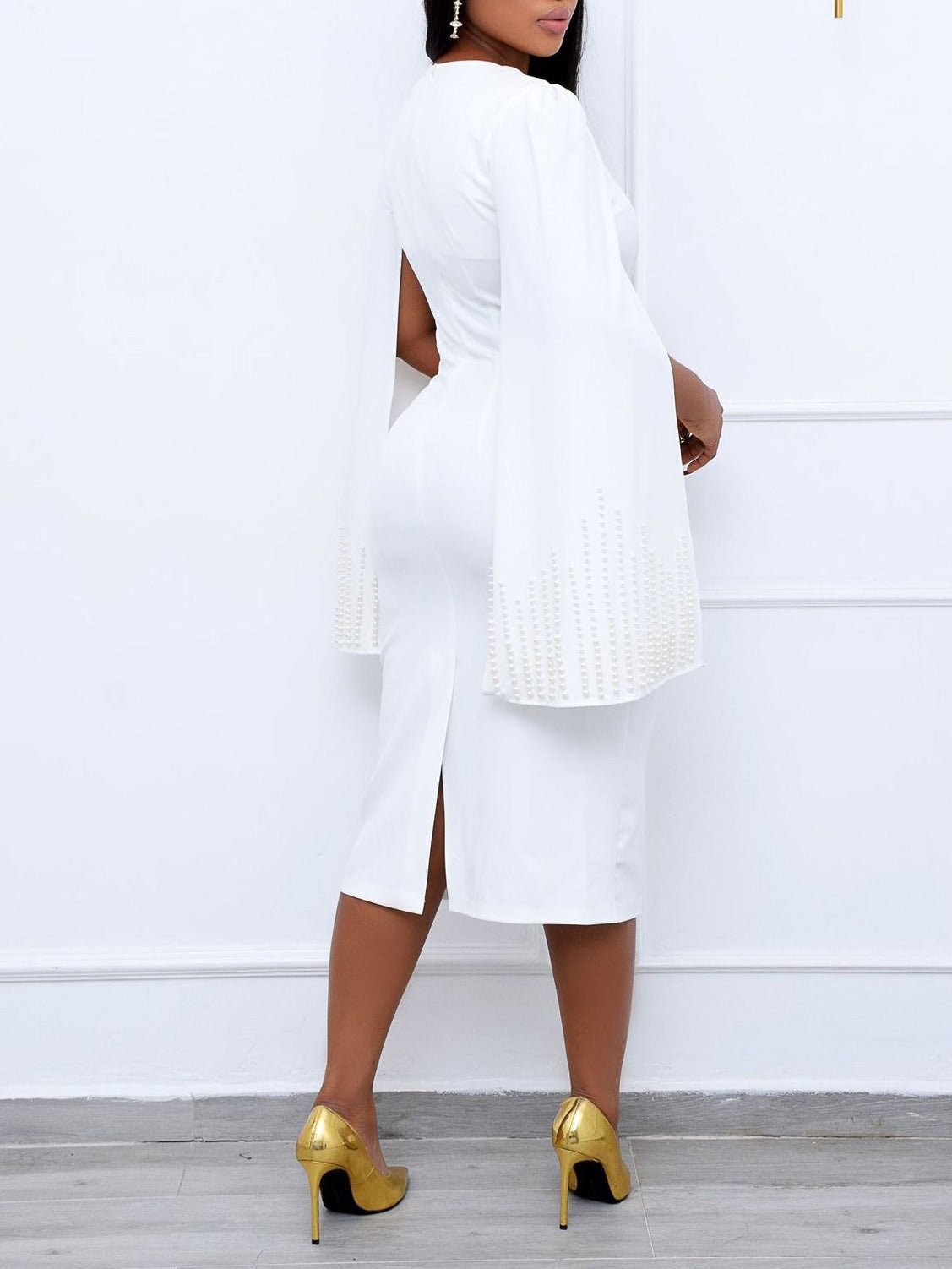 Square Neck Beaded Cape Sleeve Twist Waist Bodycon Midi Dress