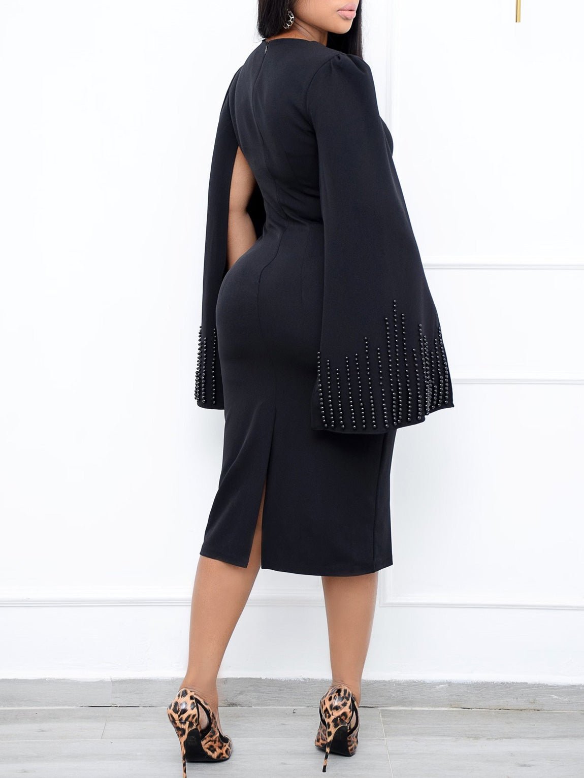 Square Neck Beaded Cape Sleeve Twist Waist Bodycon Midi Dress