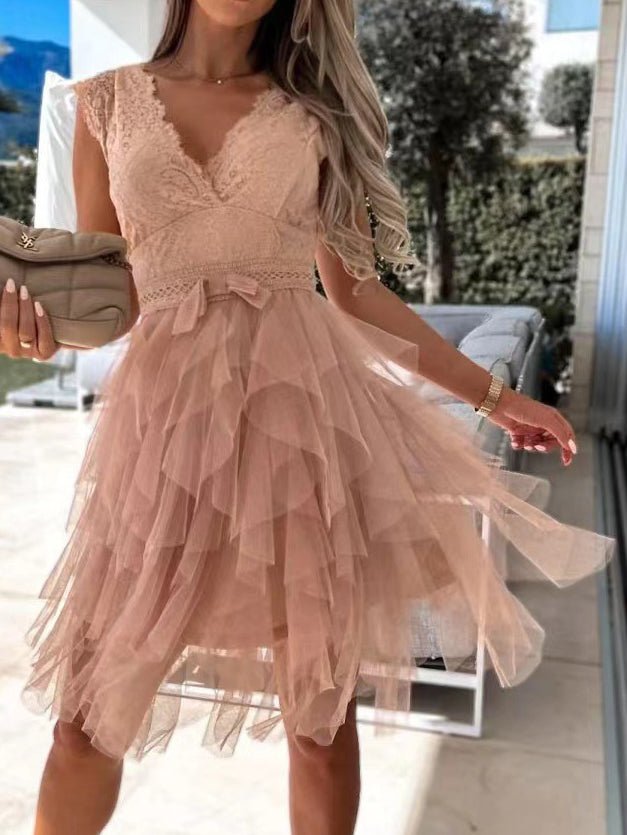 Lace V-Neck Bow Waist Tiered Tulle Ruffle Mini Dress