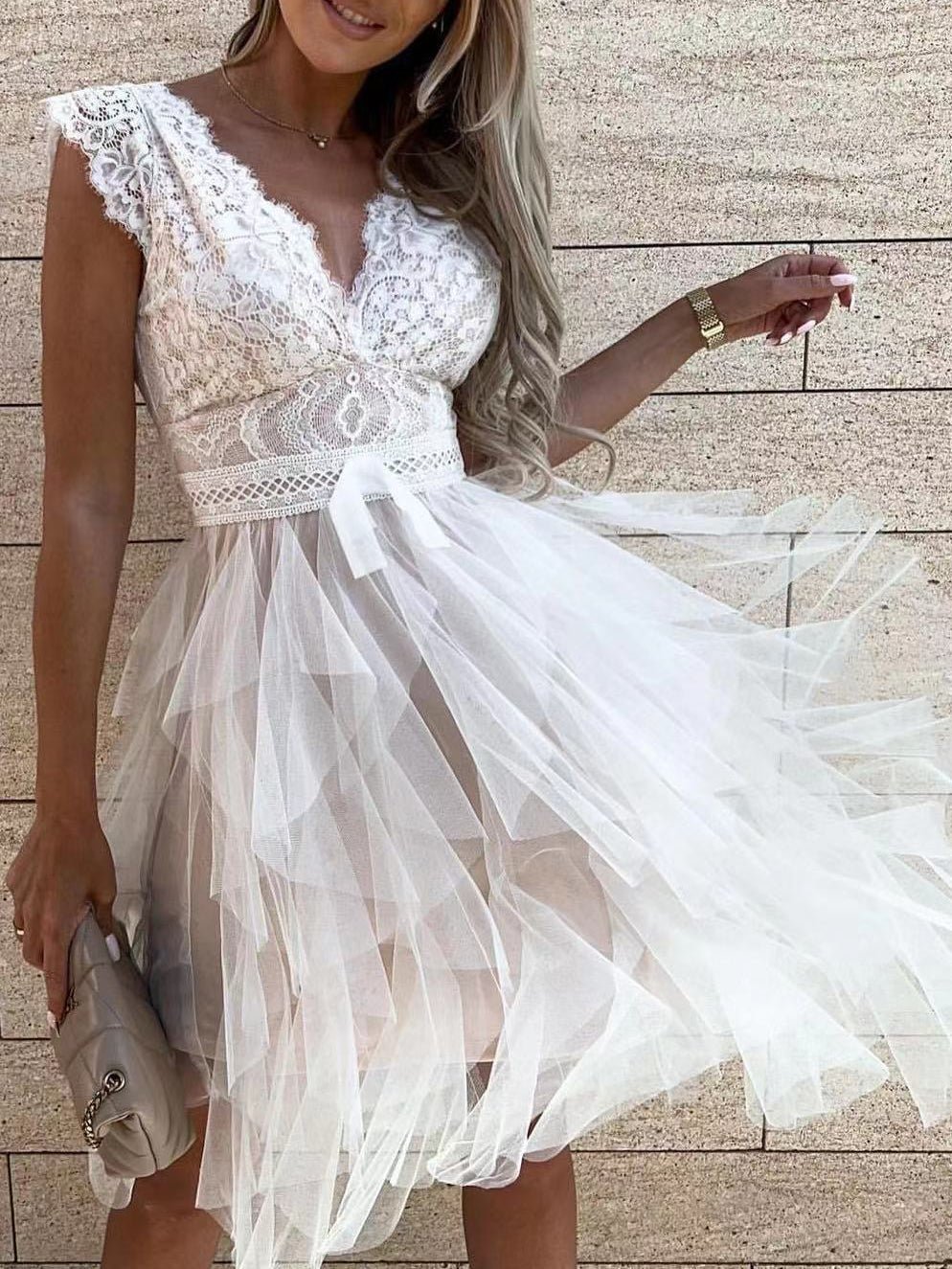 Lace V-Neck Bow Waist Tiered Tulle Ruffle Mini Dress