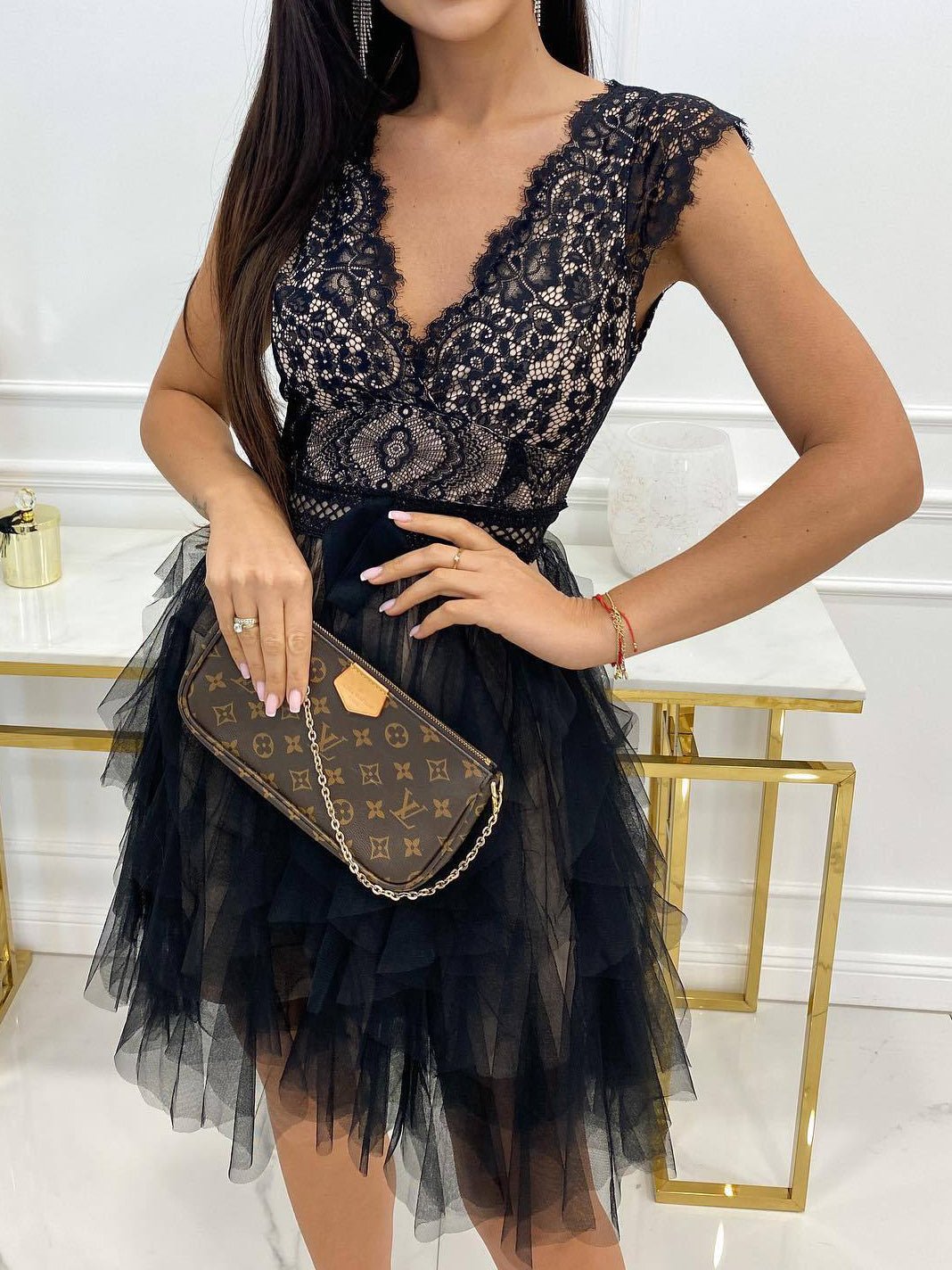 Lace V-Neck Bow Waist Tiered Tulle Ruffle Mini Dress