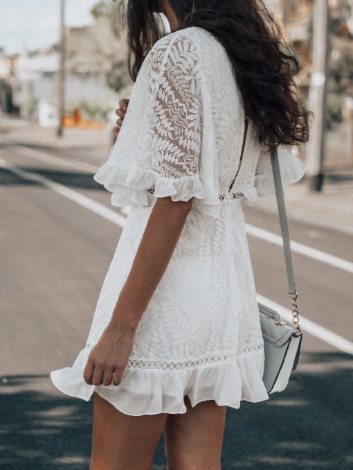 V-Neck Lace Flutter Sleeve Ladder Trim Ruffle Hem Mini Dress 3