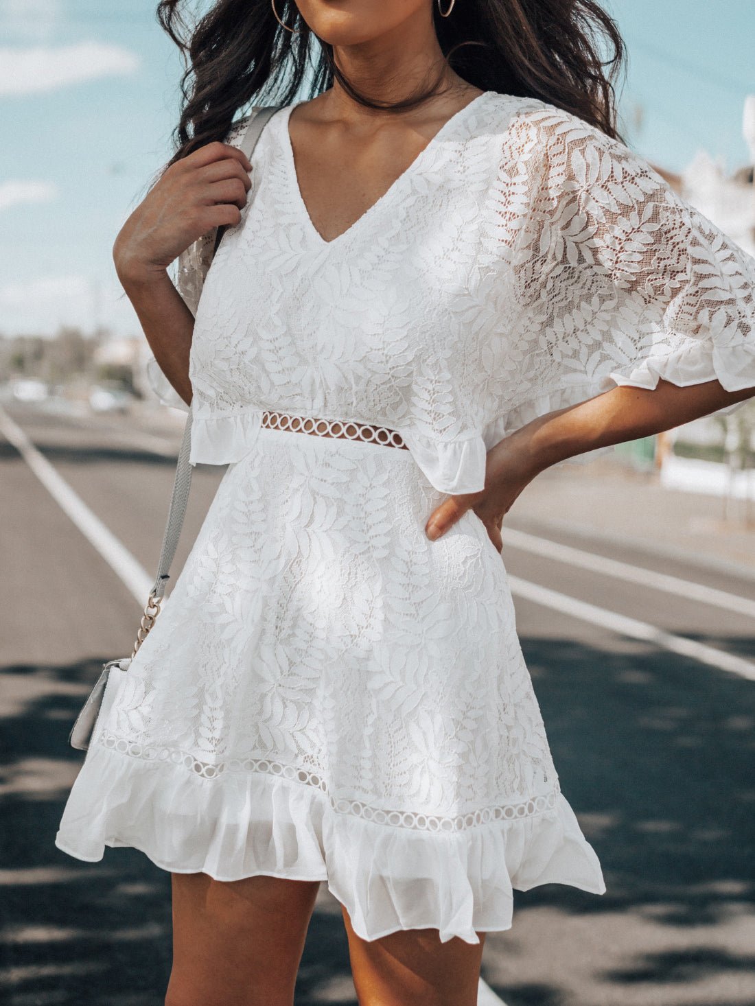V-Neck Lace Flutter Sleeve Ladder Trim Ruffle Hem Mini Dress