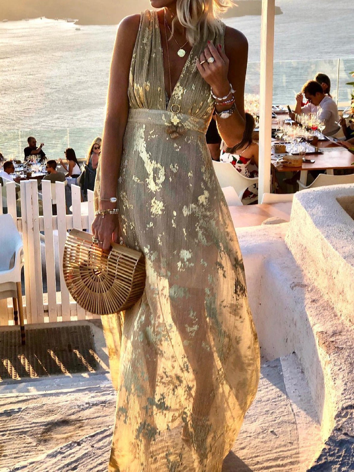 Deep V-Neck Metallic Print Sleeveless Maxi Dress