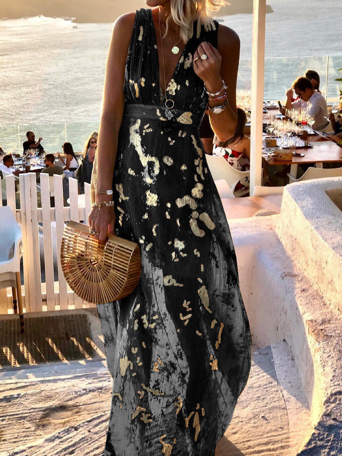 Deep V-Neck Metallic Print Sleeveless Maxi Dress 3