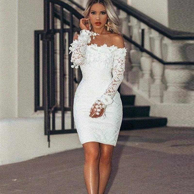 Lace Off Shoulder Long Sleeve Appliqué Bodycon Mini Dress Party