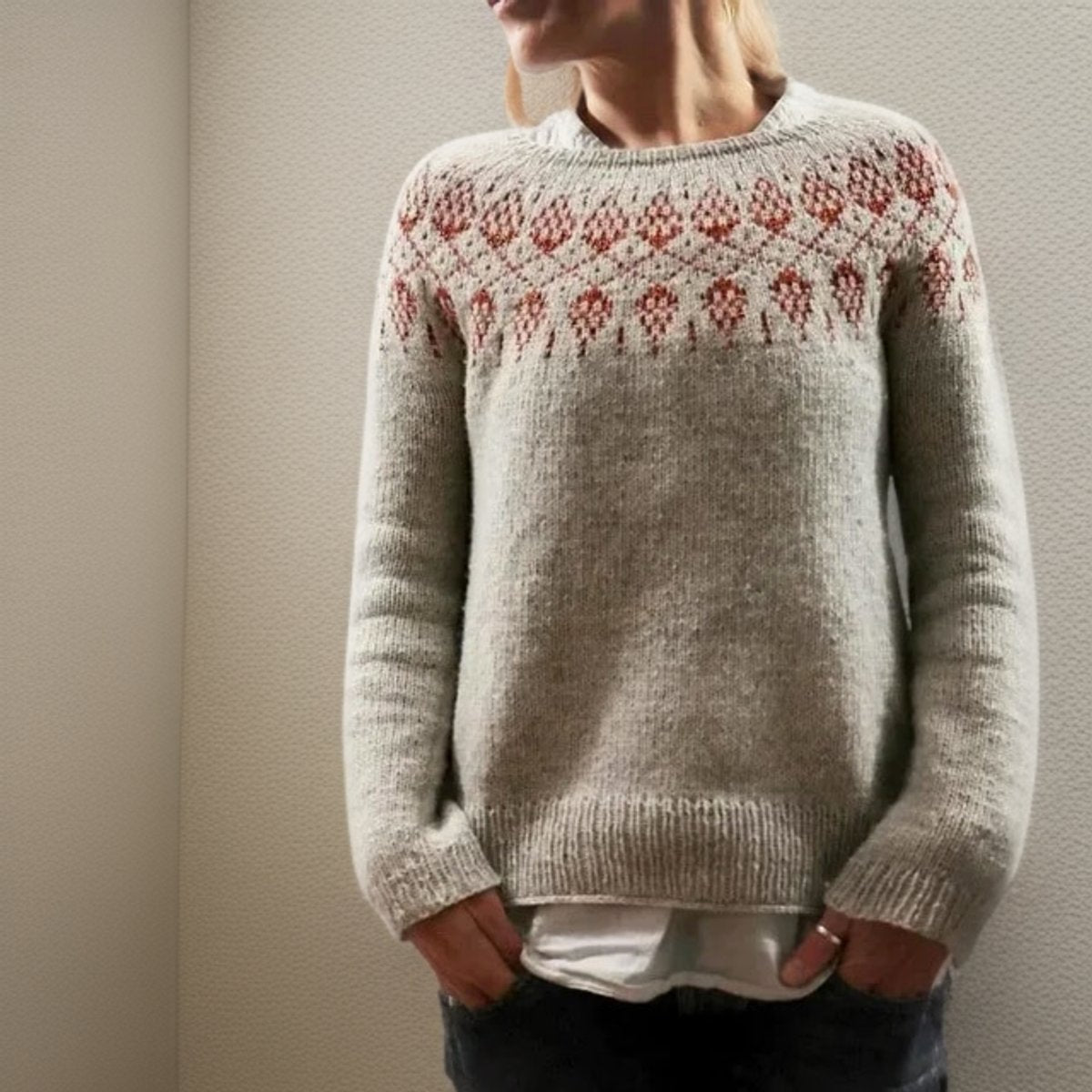 Fair Isle Yoke Crew Neck Long Sleeve Knit Sweater