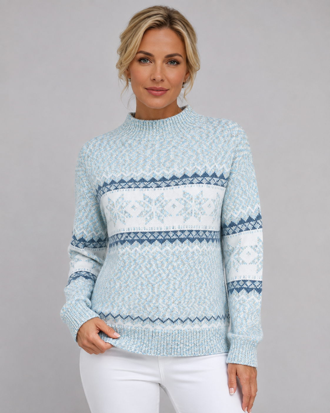 Women's Fair Isle Sweater - Ribbed Mock Neck