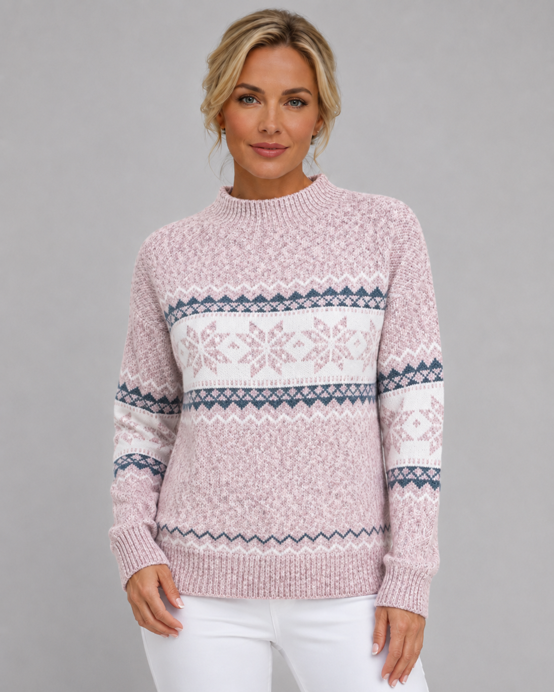 Women's Fair Isle Sweater - Ribbed Mock Neck