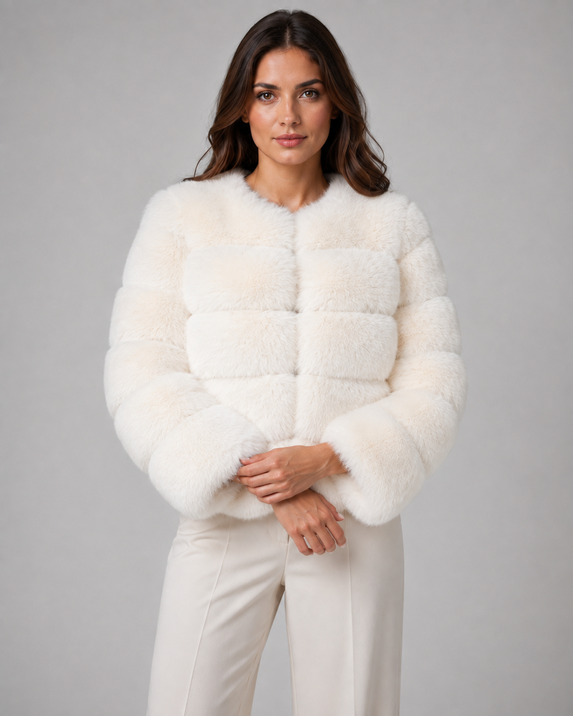 Collarless Paneled Faux Fur Cropped Jacket