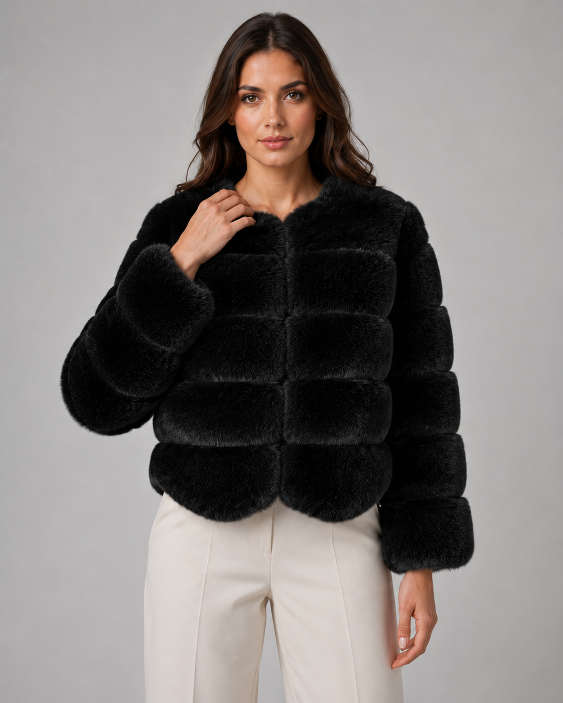 Collarless Paneled Faux Fur Cropped Jacket