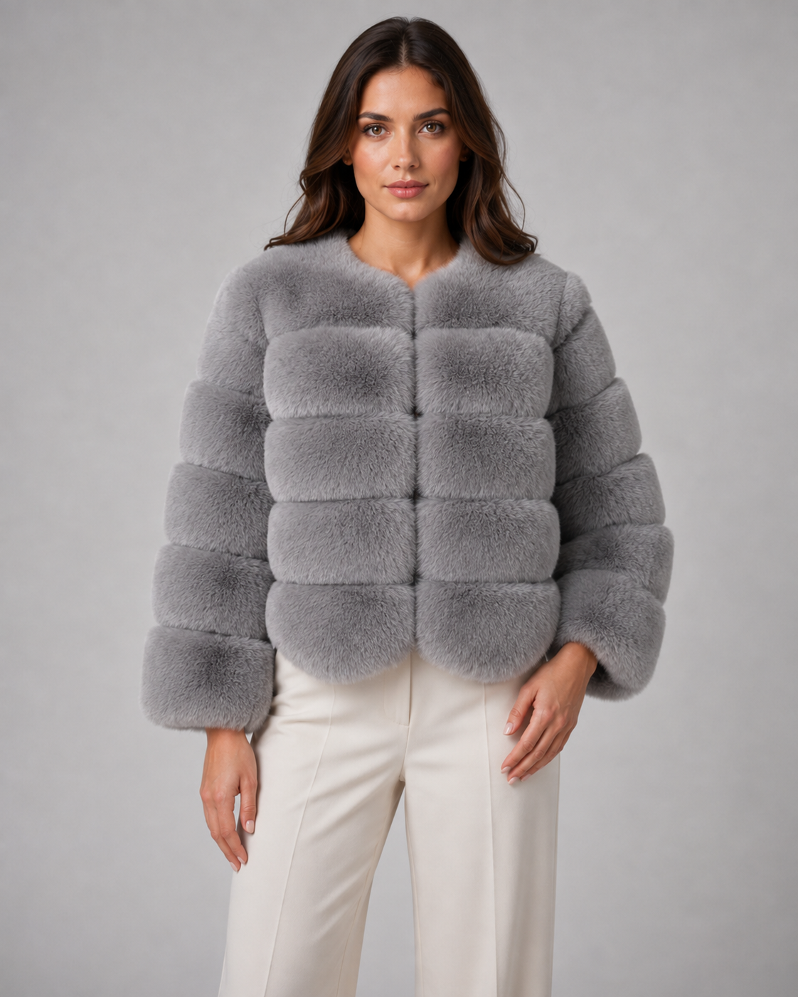 Collarless Paneled Faux Fur Cropped Jacket