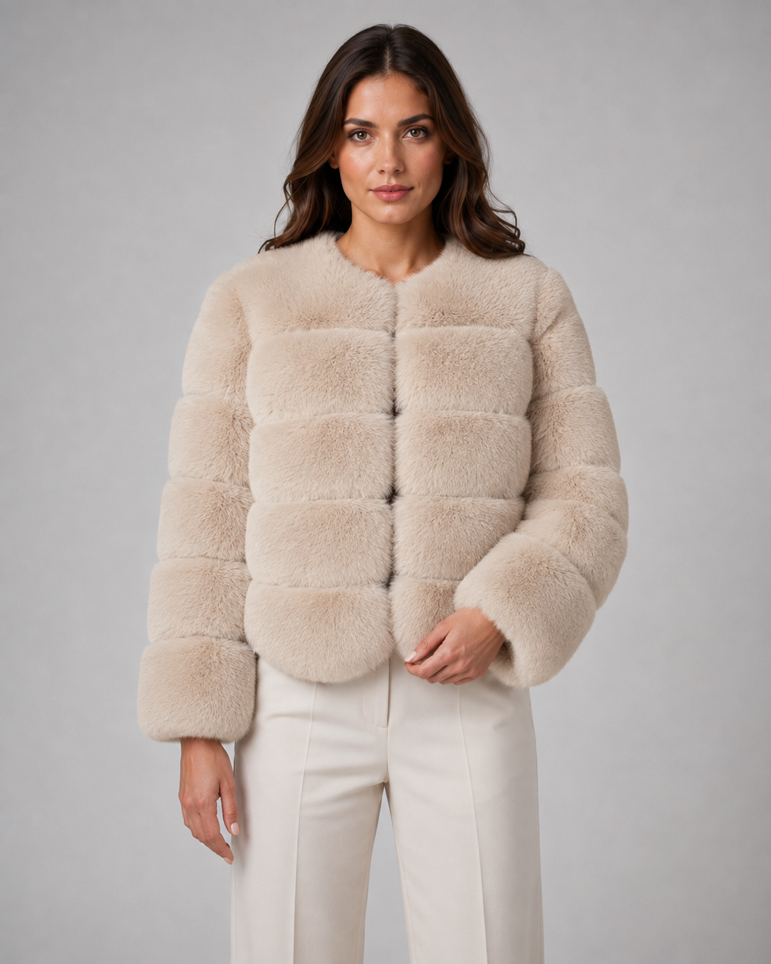 Collarless Paneled Faux Fur Cropped Jacket