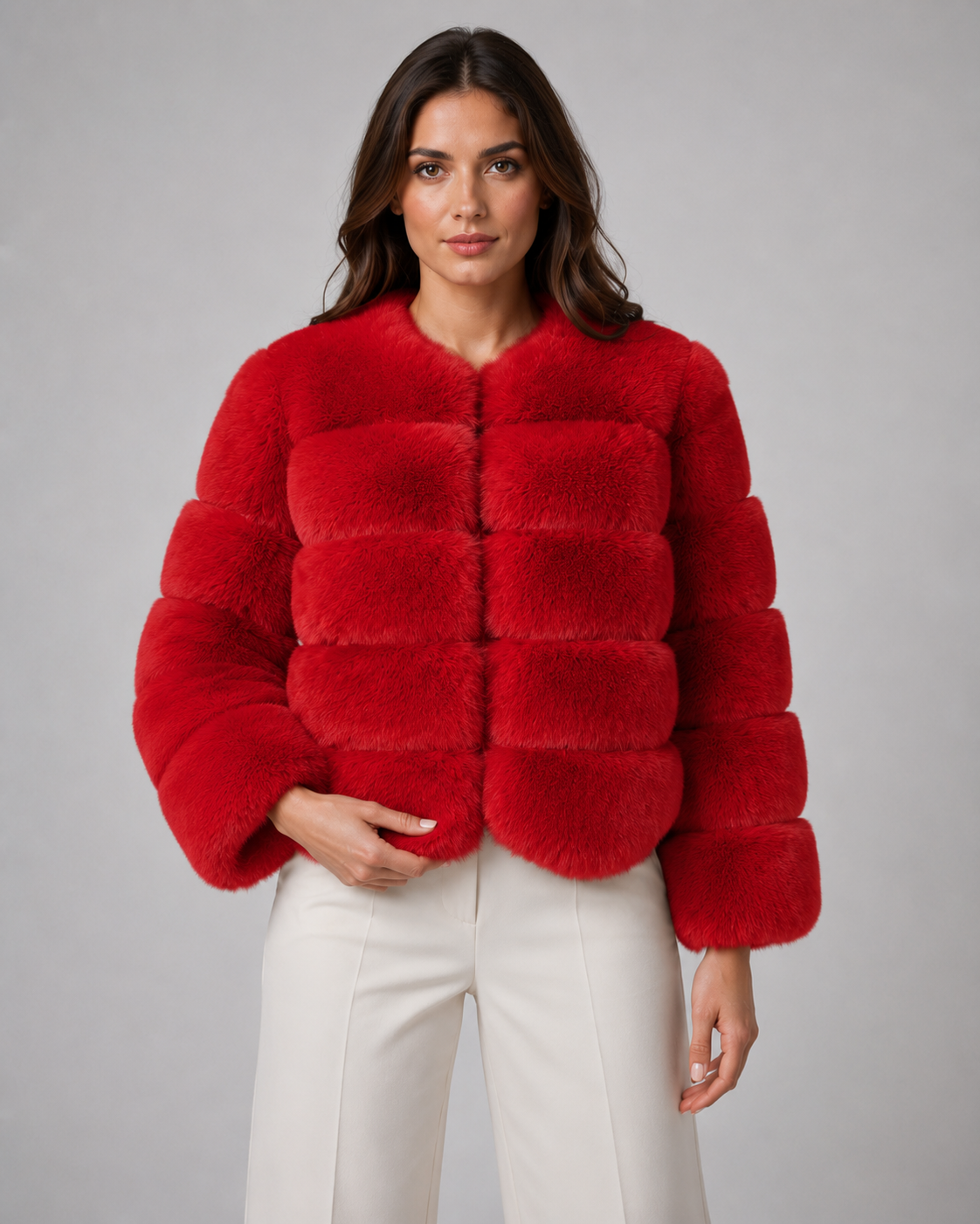 Collarless Paneled Faux Fur Cropped Jacket