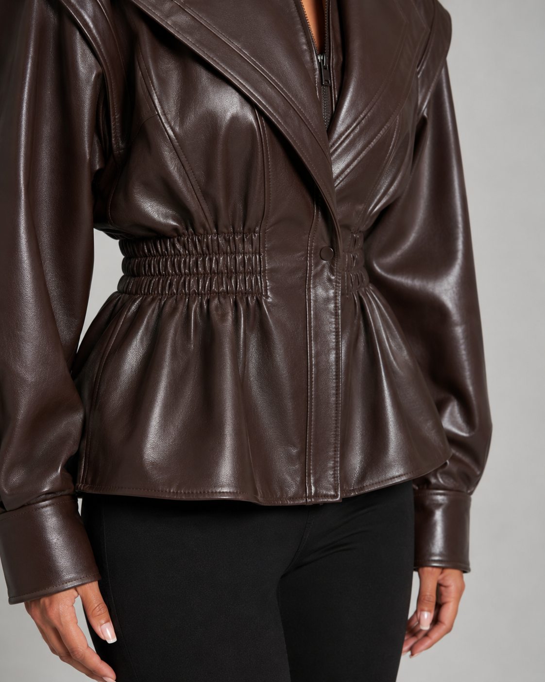 Women's Faux Leather Peplum Jacket Cinched Waist Puff Sleeve