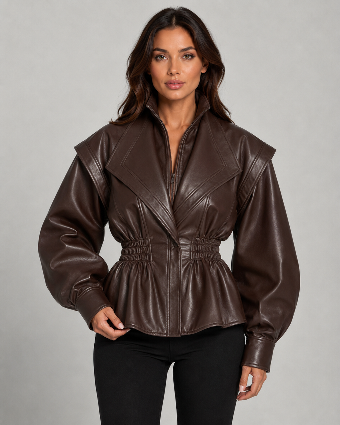 Women's Faux Leather Peplum Jacket Cinched Waist Puff Sleeve