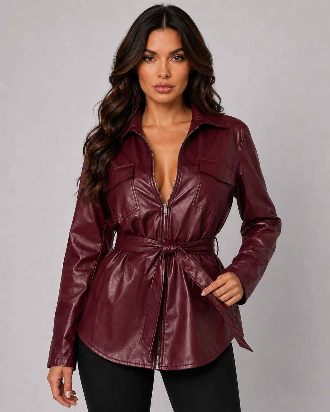 Women's Faux Leather Tie Waist Shirt Jacket Zip Front