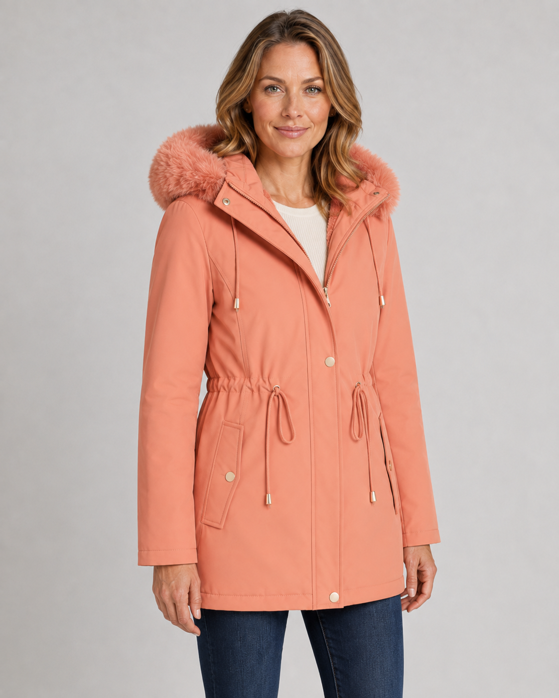 Faux Fur Hood Drawstring Waist Zip Parka Coat